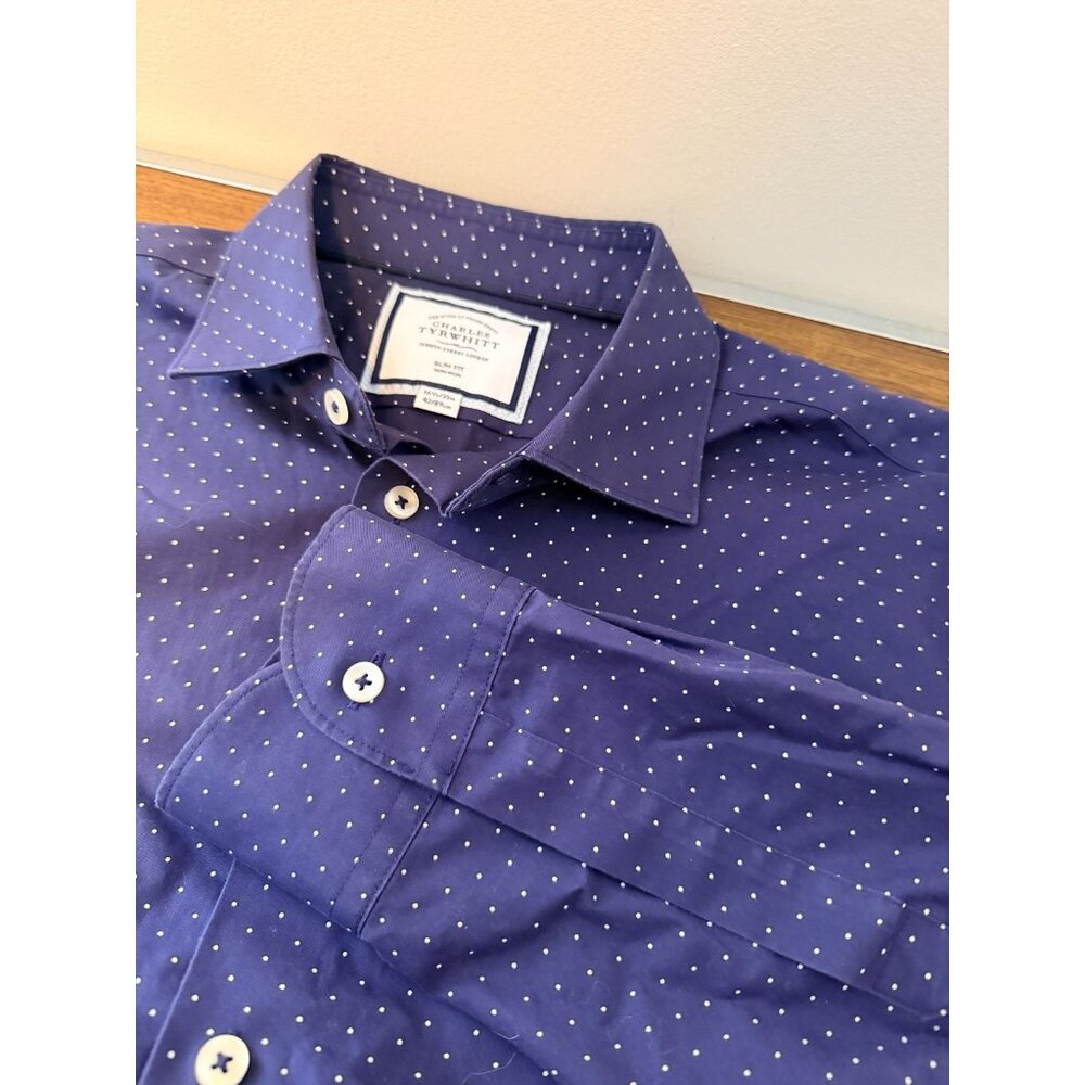 Charles Tyrwhitt Slim Fit Non Iron Blue & White Dotted Dress Shirt Mens 16.5/33